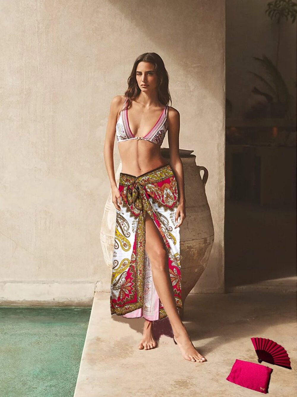 TALBOTS Paisley Pareo 3-Pc Set Swim Cover-up, Fan & Cosmetic Bag Fuschia/White